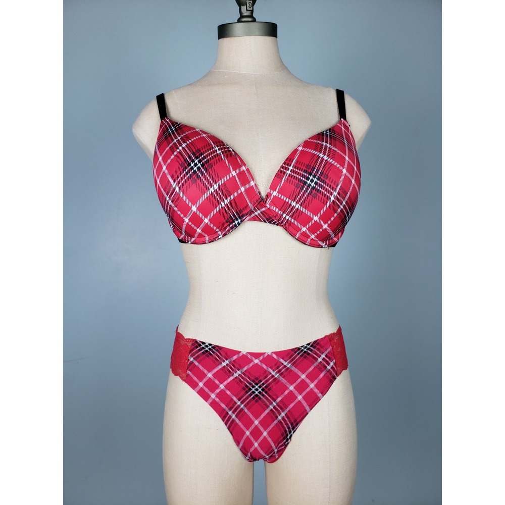 Pink Victoria's Secret Y2K Plaid Set‎ Push-Up Bra 36D Thong Panty Sz M Lacy Red